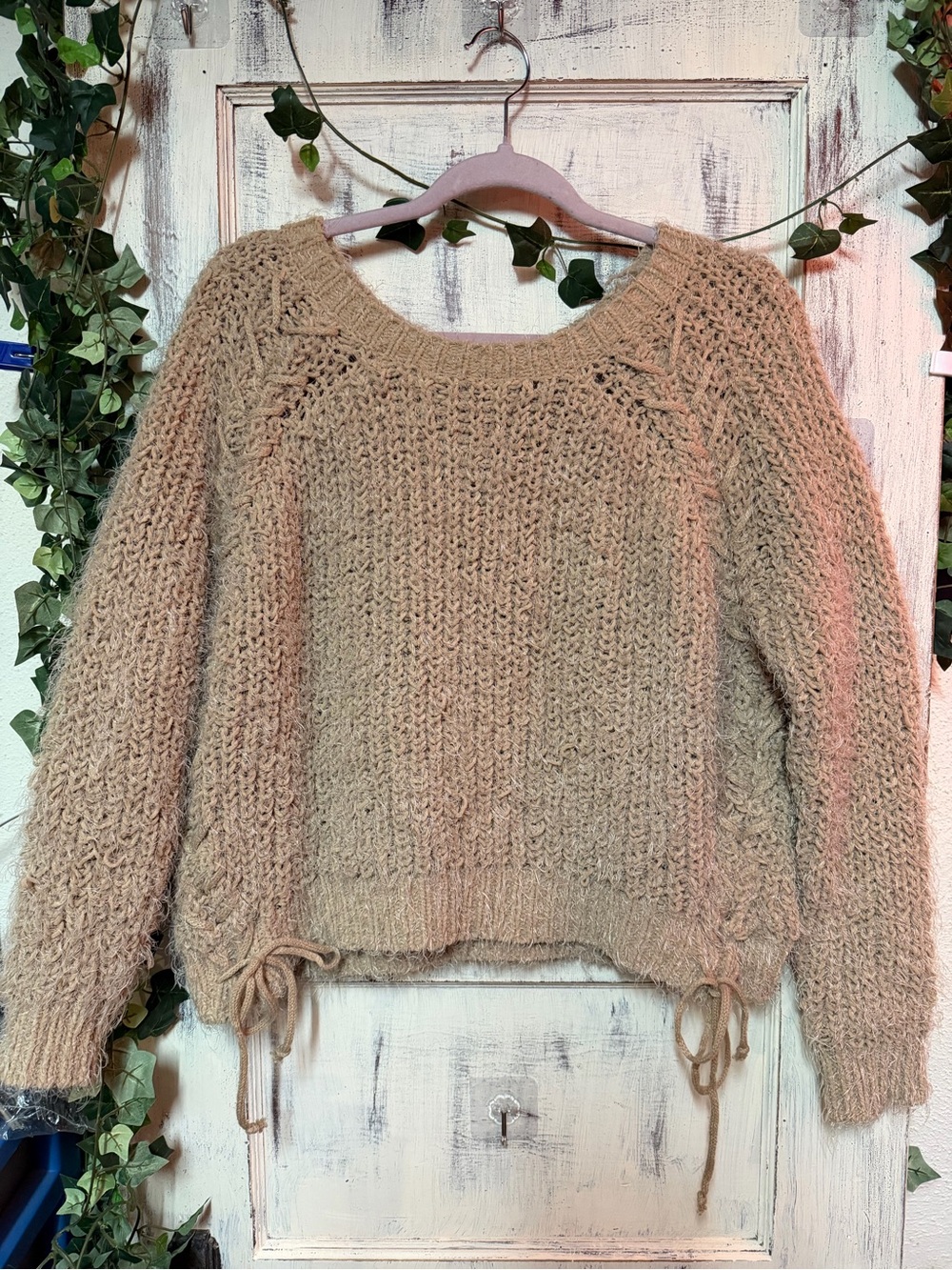 Woven Heart Beige Crochet-Style Drawstring Pullover Sweater 113LS